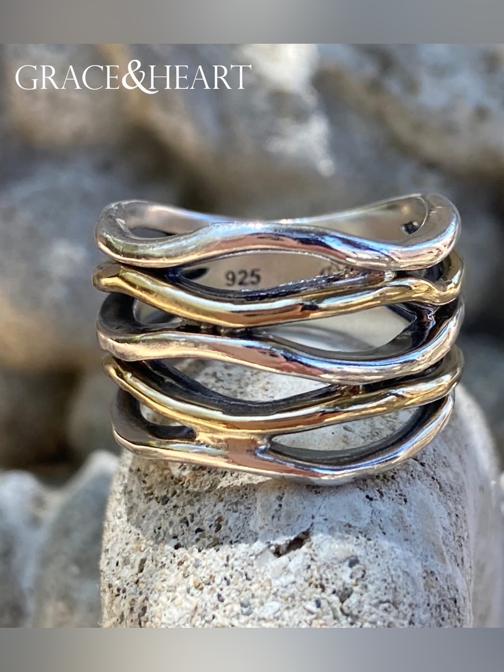 Grace & Heart G&H DRIFT RING SIZE 10 Artisan .925 SS BRASS BRAND NEW Jewelry WOW